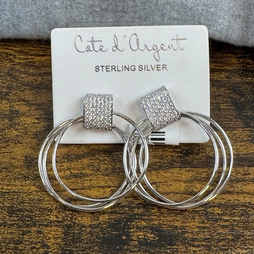 Cate D' Argent Stunning CZ w/‎ Hoop Earrings Sterling Silver NEW